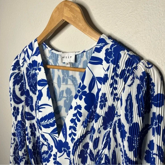 Milly Blue Liv Flowers of Spain Long Sleeve V Neck Pleated Mini Dress - Picture 8 of 13